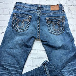 Big Star Sophie Dark Wash Stretch Distressed Low Rise Boot Cut Blue Jeans Sz 26L